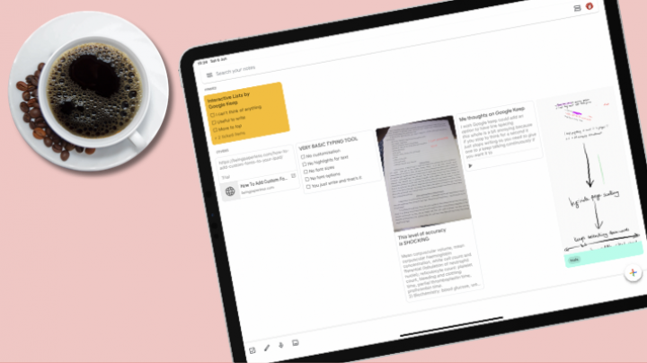 iPad pro showing Google Keep with a cup of black coffee on the table, showing the ultimate minimalist setup for digital productivity