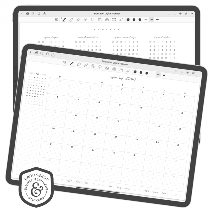 The monthly spread of BrookeBot's digital planner opened on the iPad Pro in GoodNotes
