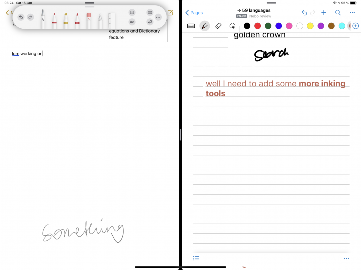 Screenshot of the iPad Pro screen showing Scribble in Apple Notes (on the left) and Nebo the handwriting to text note-taking app for the iPad (on the right).