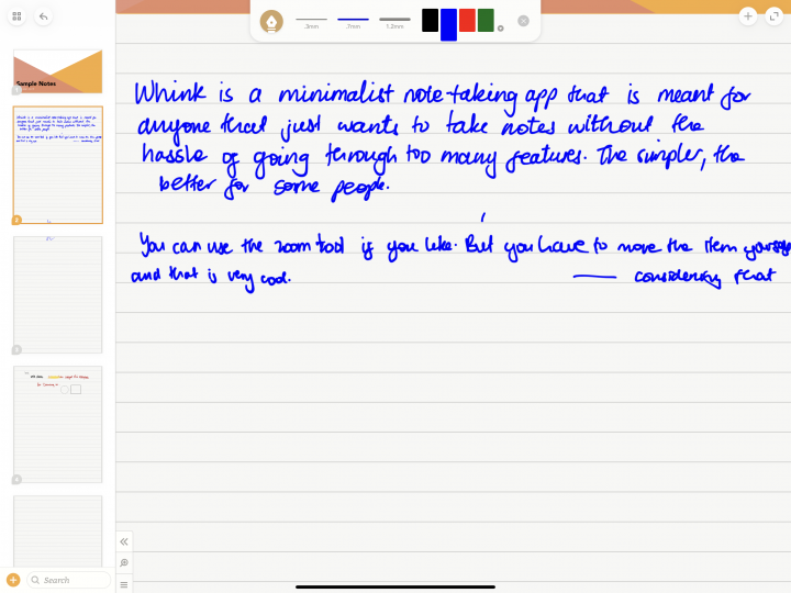 Screenshot of the iPad Pro showing Whink, a minimalist note-taking app for the iPad.