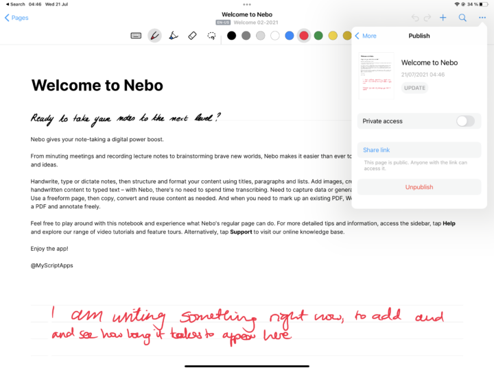 Screenshot showing Collaborating options in Nebo