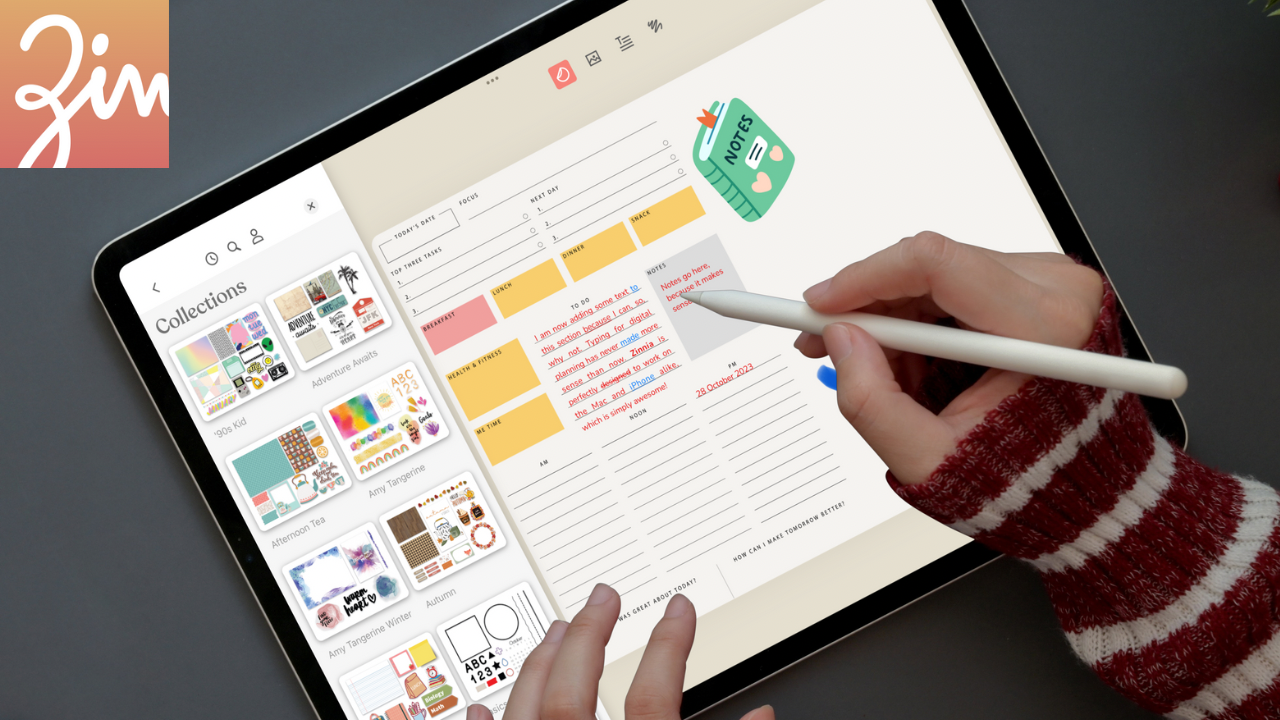 The iPad Pro shows a digital planner in Zinnia, with some stickers opened on the left side of the screen.