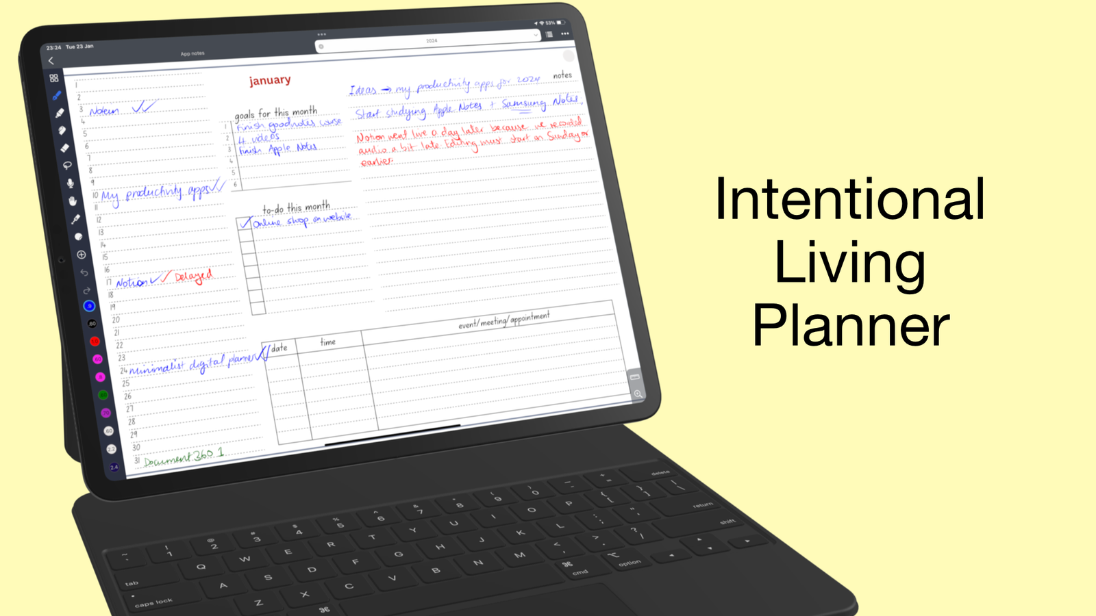 iPad with magic keyboard showing the Intentional Living Planner in Noteful.