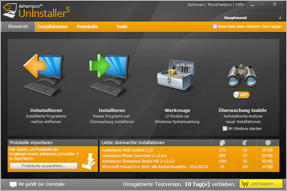 Ashampoo Uninstaller 5 : effiziente Deinstallation von Programmen mit Echtzeitüberwachung von programminstallationen