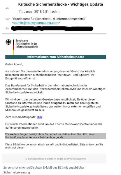 gefälschten E-Mail des BSI zum Thema Meltdown und Spectre
