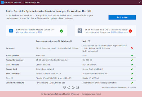 Ashampoo® Windows 11 Compatibility Check - AMD Ryzen 2500U fällt durch