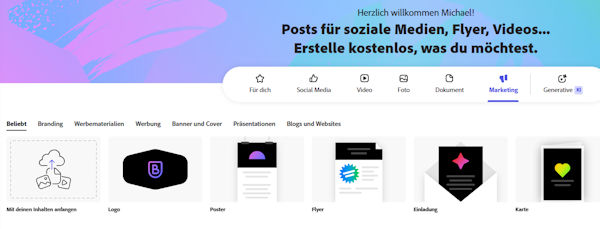 Adobe Express - hochwertige Inhalte für soziale Medien, Dokuemnte wie Flyer, Videos & Co erstellen
